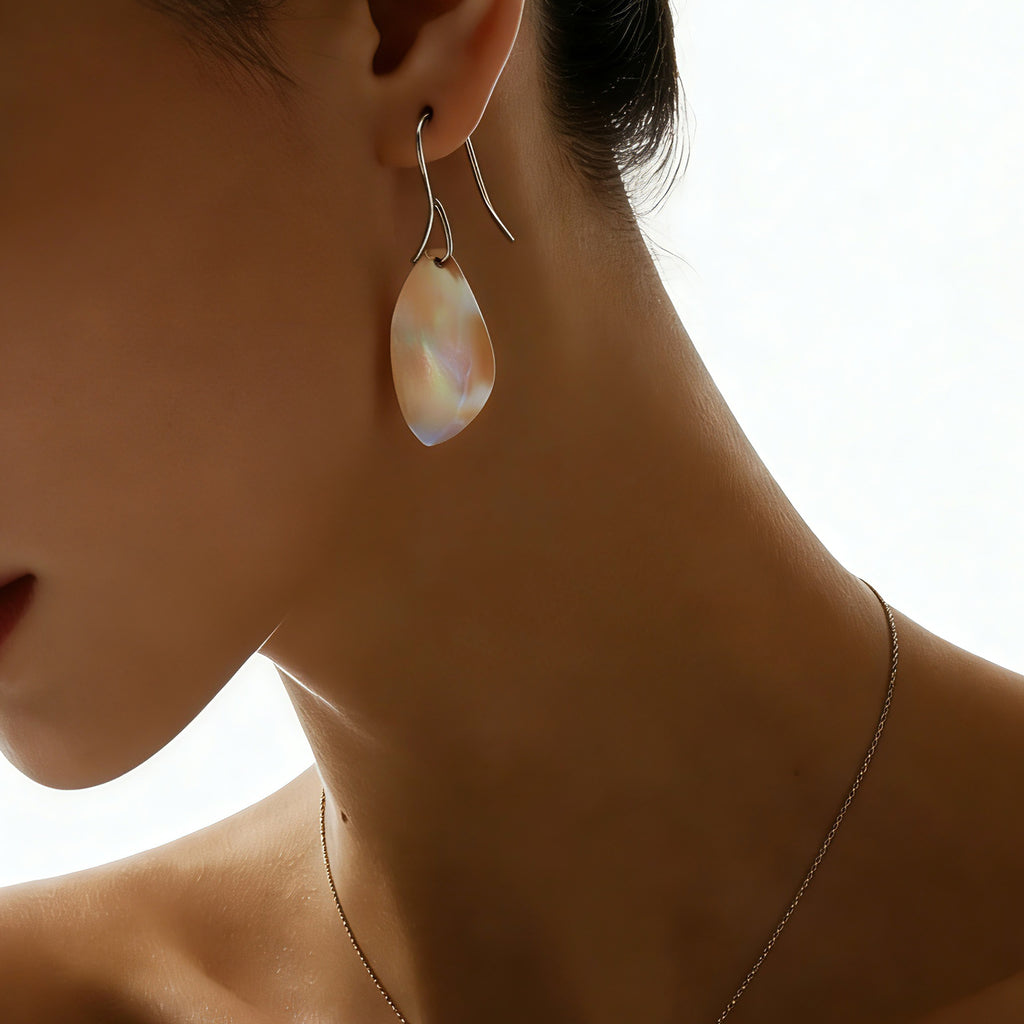 Handcut Mother of Pearl Shell Fan Tassel Earrings