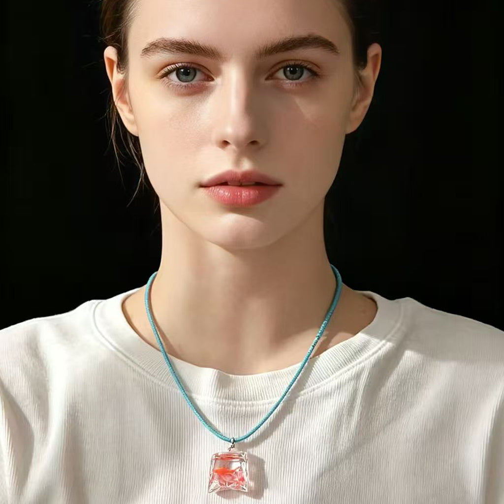 Goldfish Encapsulated in a Clear Resin Plastic Bag Pendant Necklace