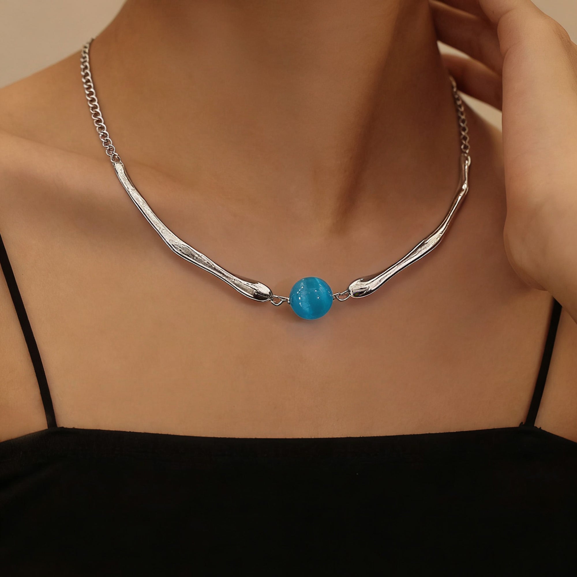 Ocean Blue Round Bead Pendant Necklace with Silver Chain