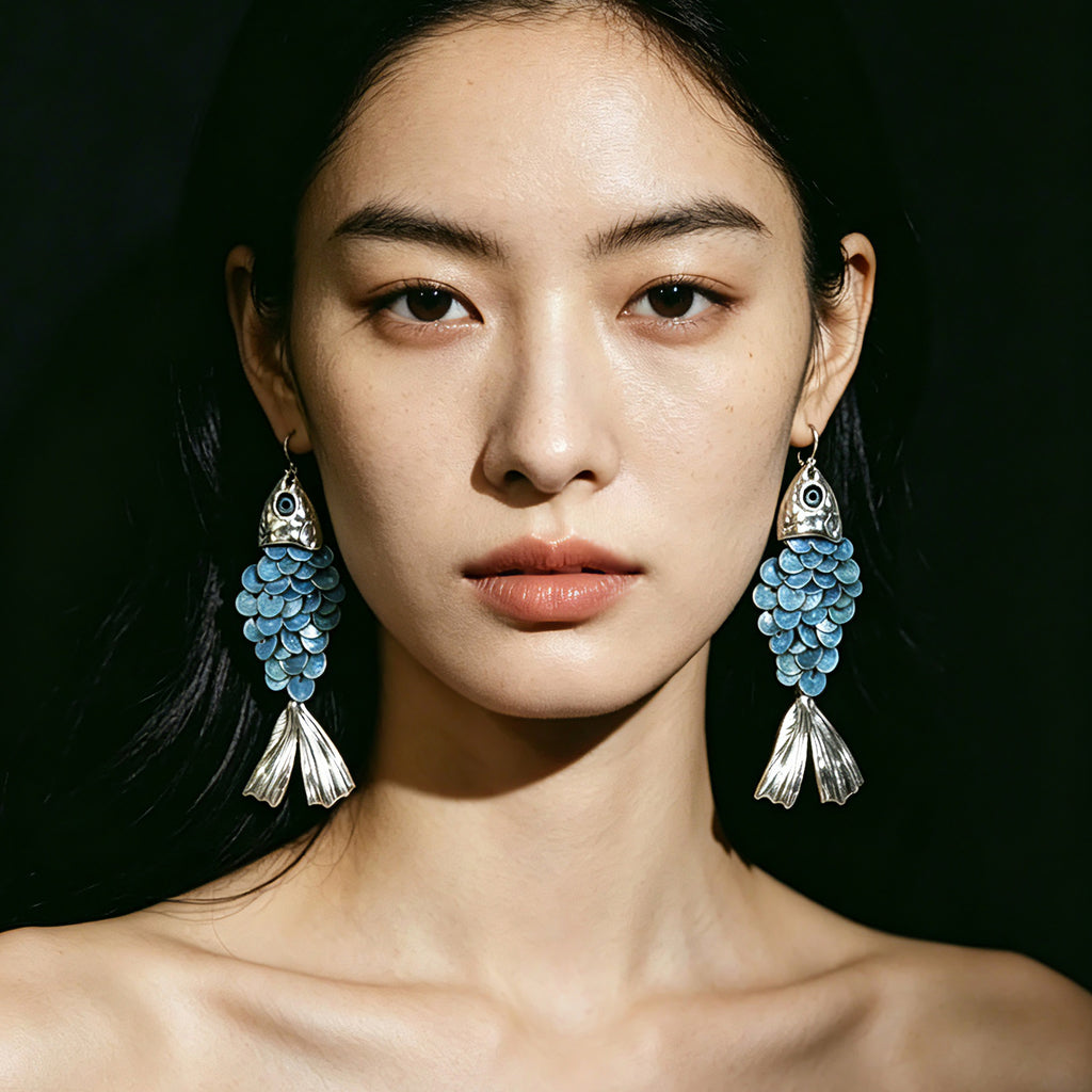 Blue Handmade Round Sequins Fish Scale Tassel Creative Earrings
