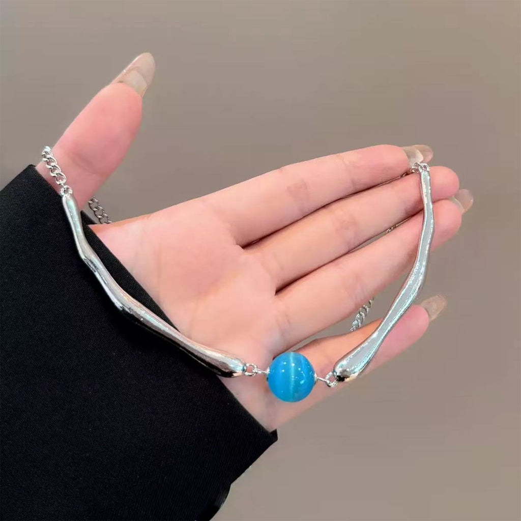 Ocean Blue Round Bead Pendant Necklace with Silver Chain