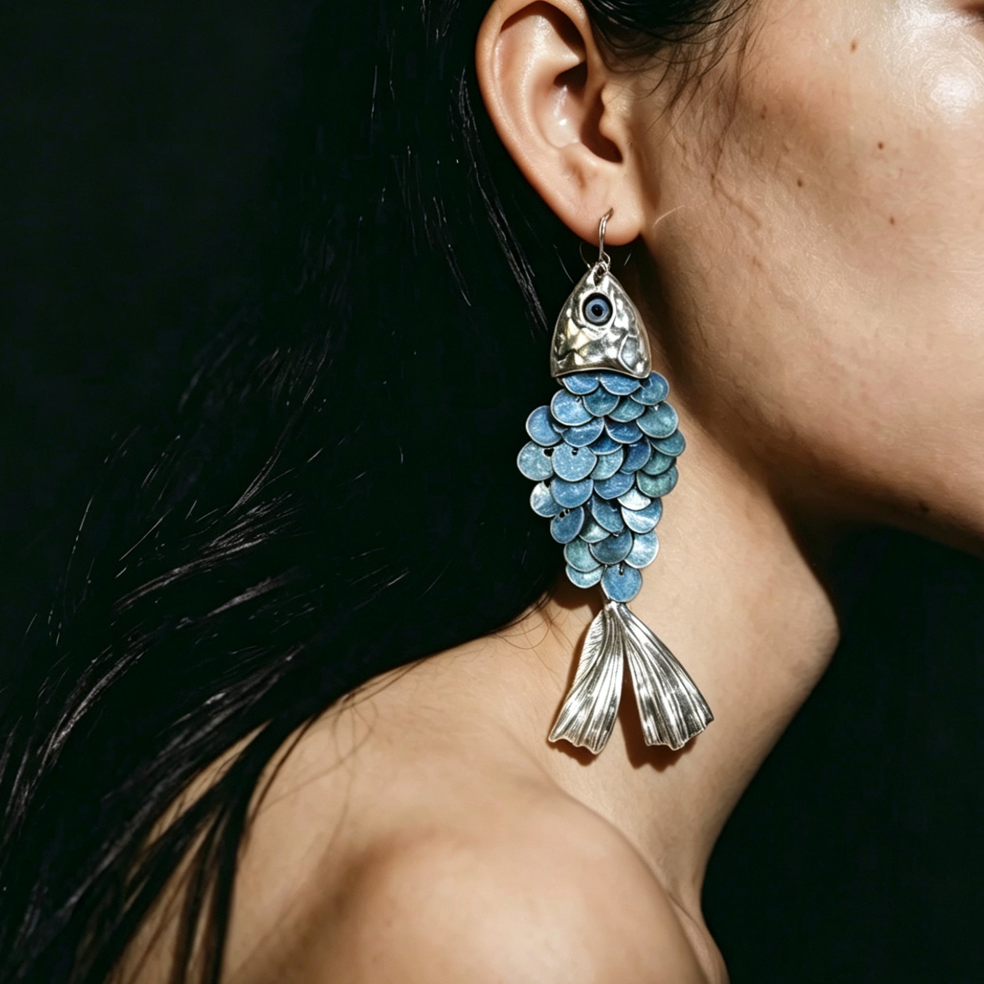Blue Handmade Round Sequins Fish Scale Tassel Creative Earrings