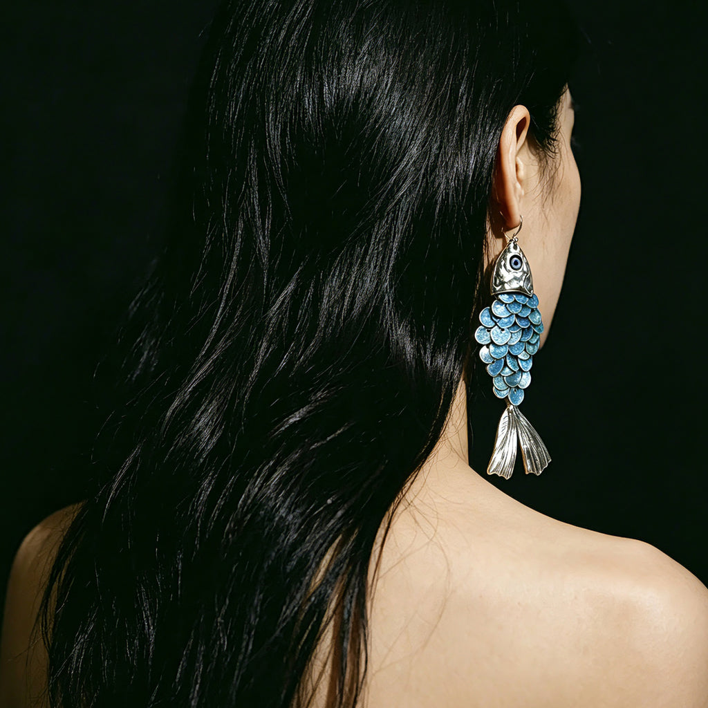 Blue Handmade Round Sequins Fish Scale Tassel Creative Earrings