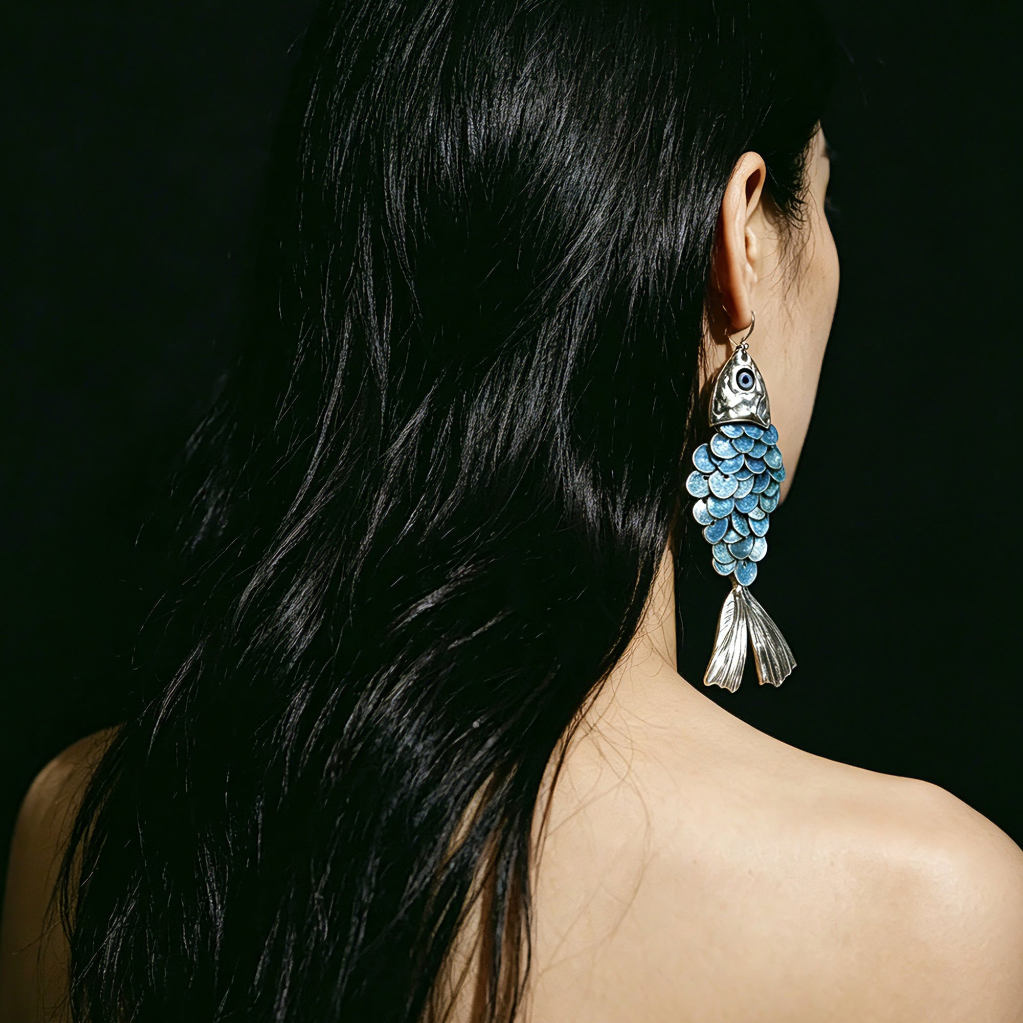 Blue Handmade Round Sequins Fish Scale Tassel Creative Earrings