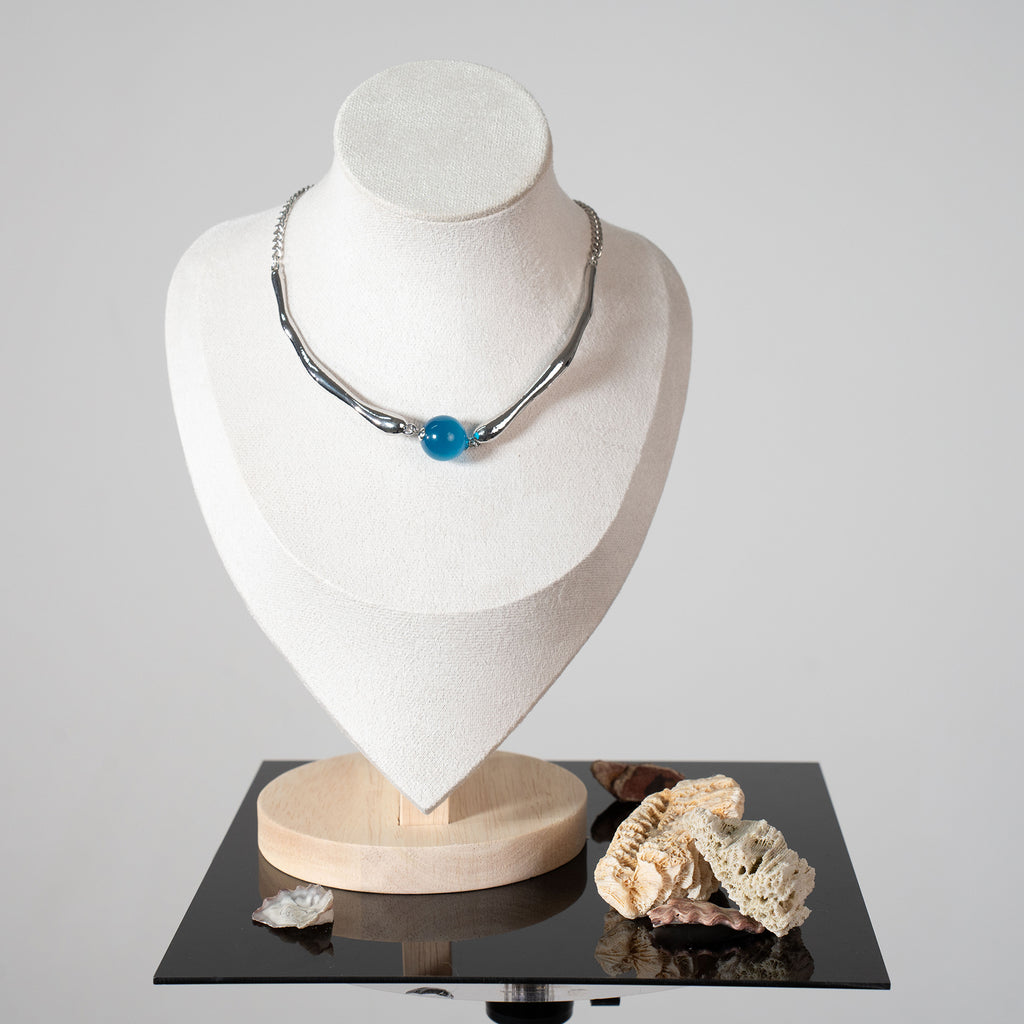 Ocean Blue Round Bead Pendant Necklace with Silver Chain