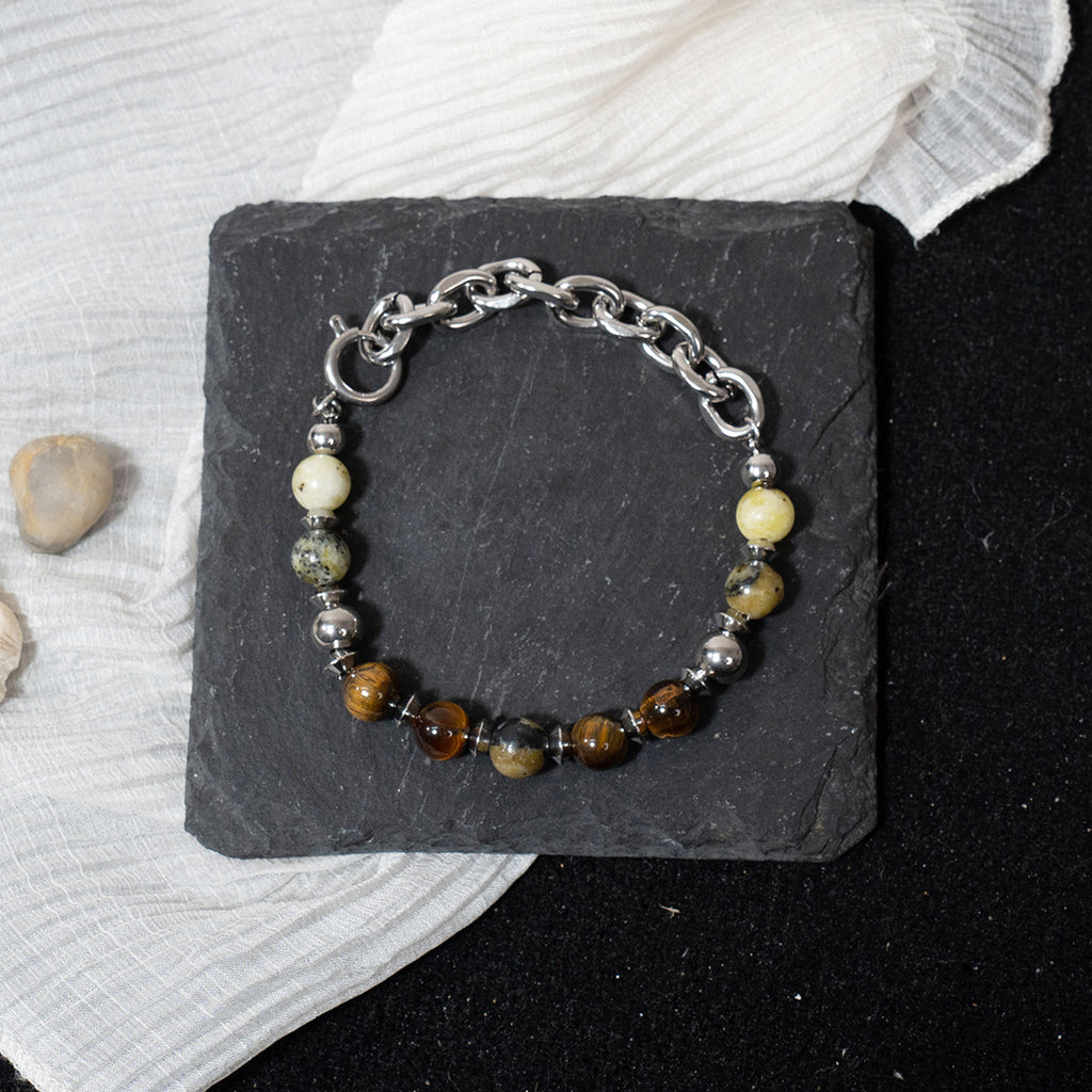 Green Natural Stone & Titanium Steel Mixed Material Bracelet