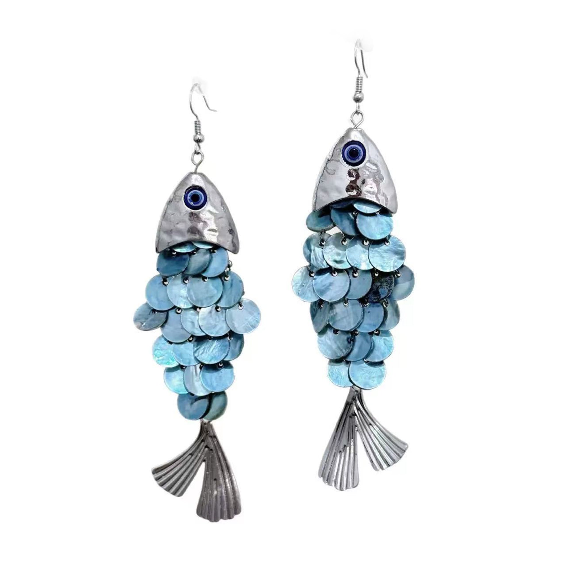 Blue Handmade Round Sequins Fish Scale Tassel Creative Earrings