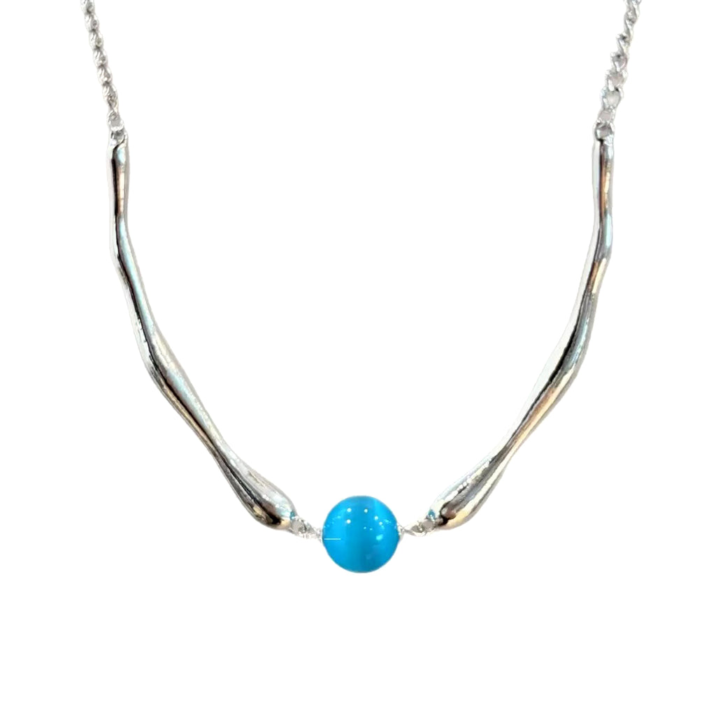 Ocean Blue Round Bead Pendant Necklace with Silver Chain