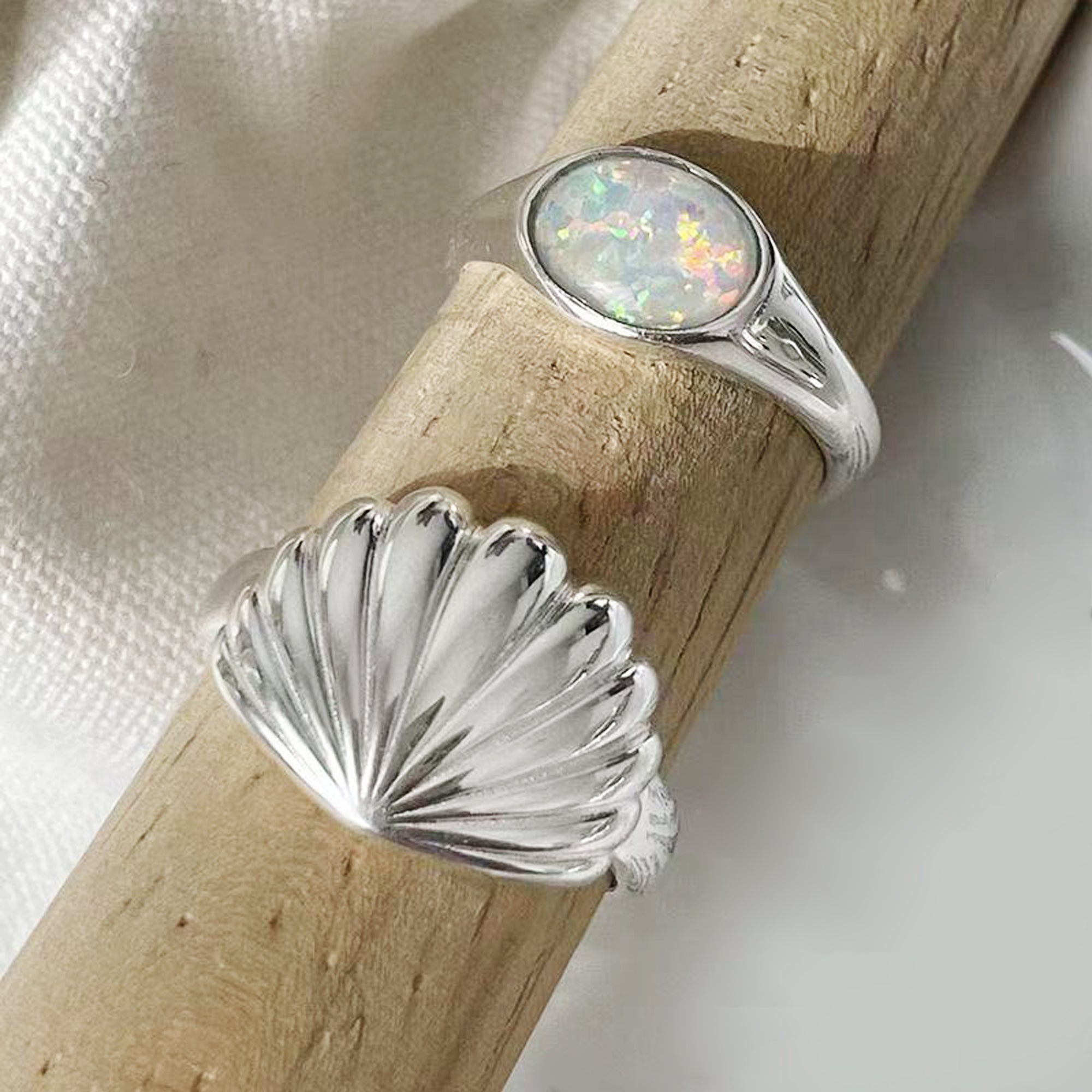 Silver Asymmetric Shell Stacking Rings