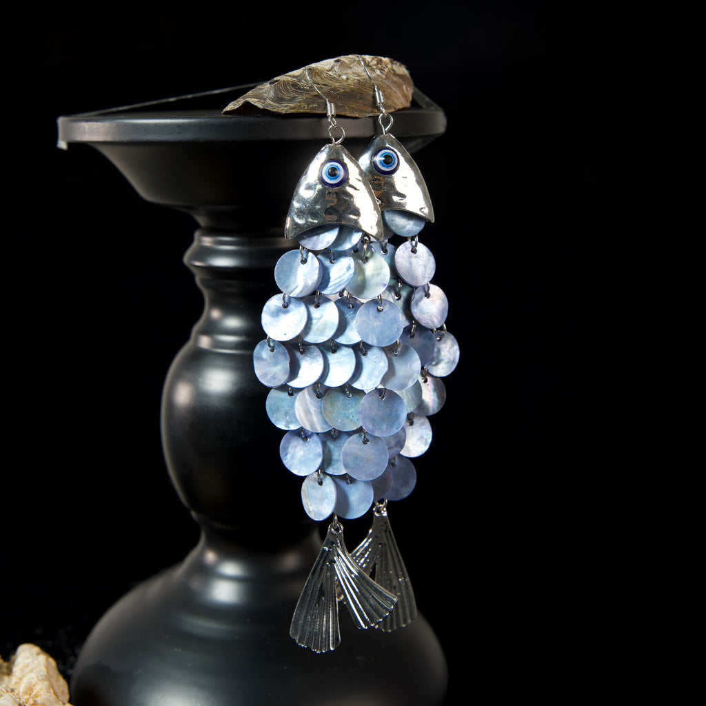 Blue Handmade Round Sequins Fish Scale Tassel Creative Earrings