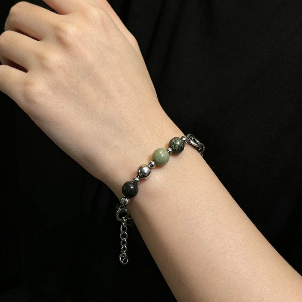 Green Natural Stone & Titanium Steel Mixed Material Bracelet