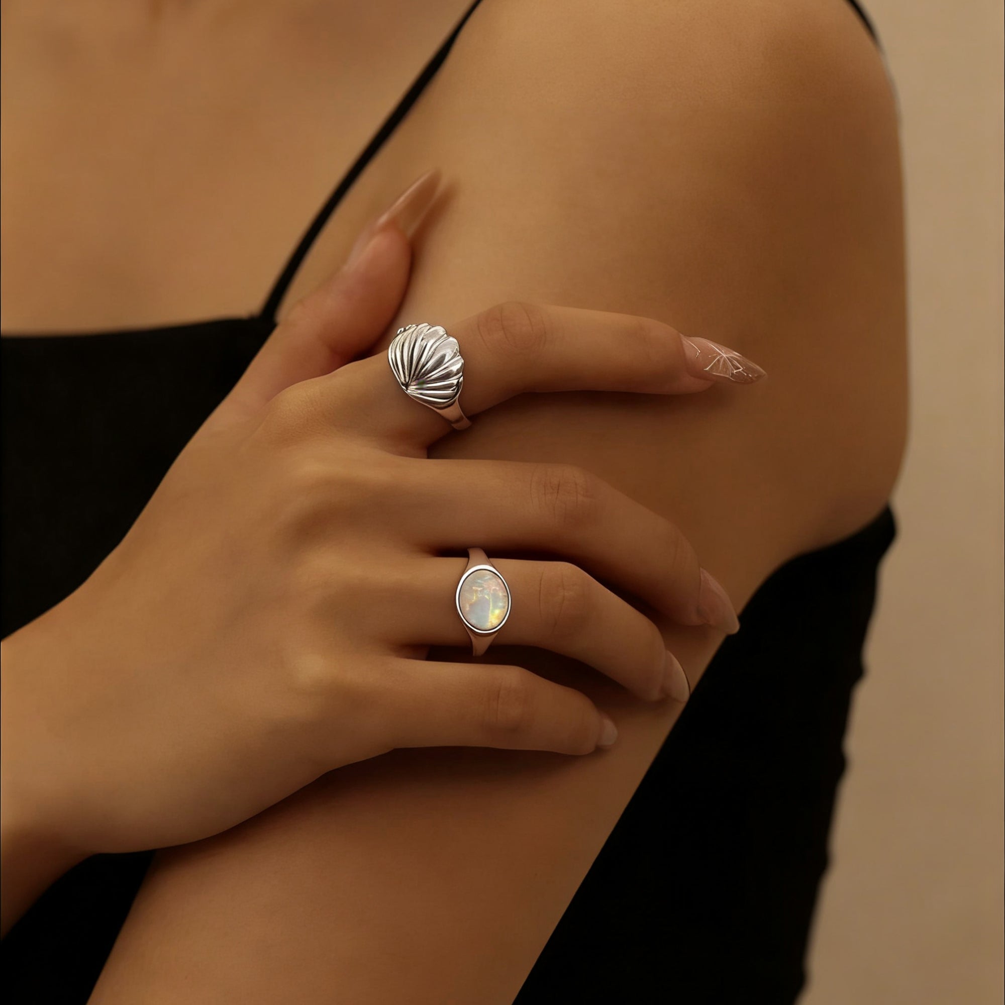 Silver Asymmetric Shell Stacking Rings