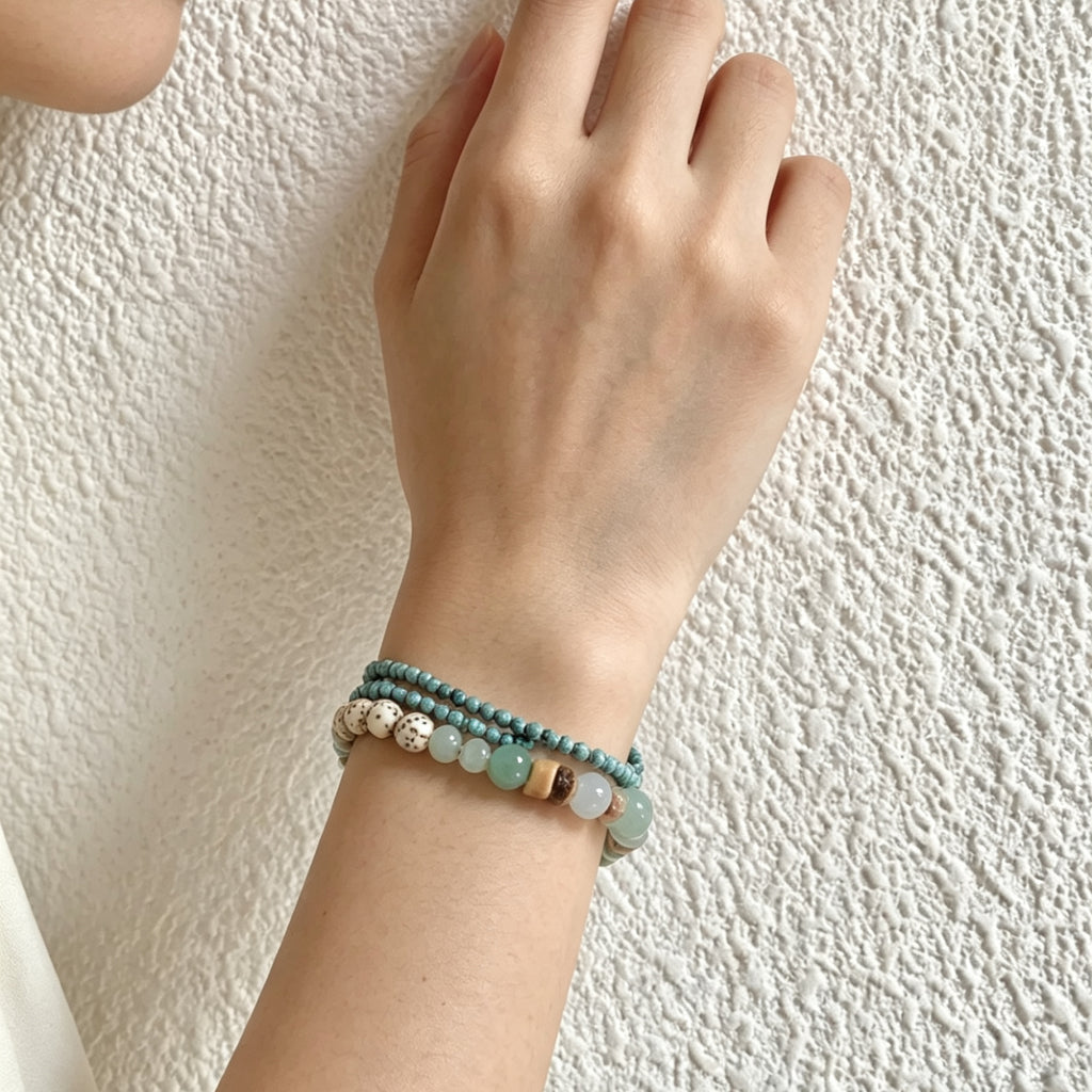 Green Sandalwood & Shoushan Stone Stacking Beaded Bracelet