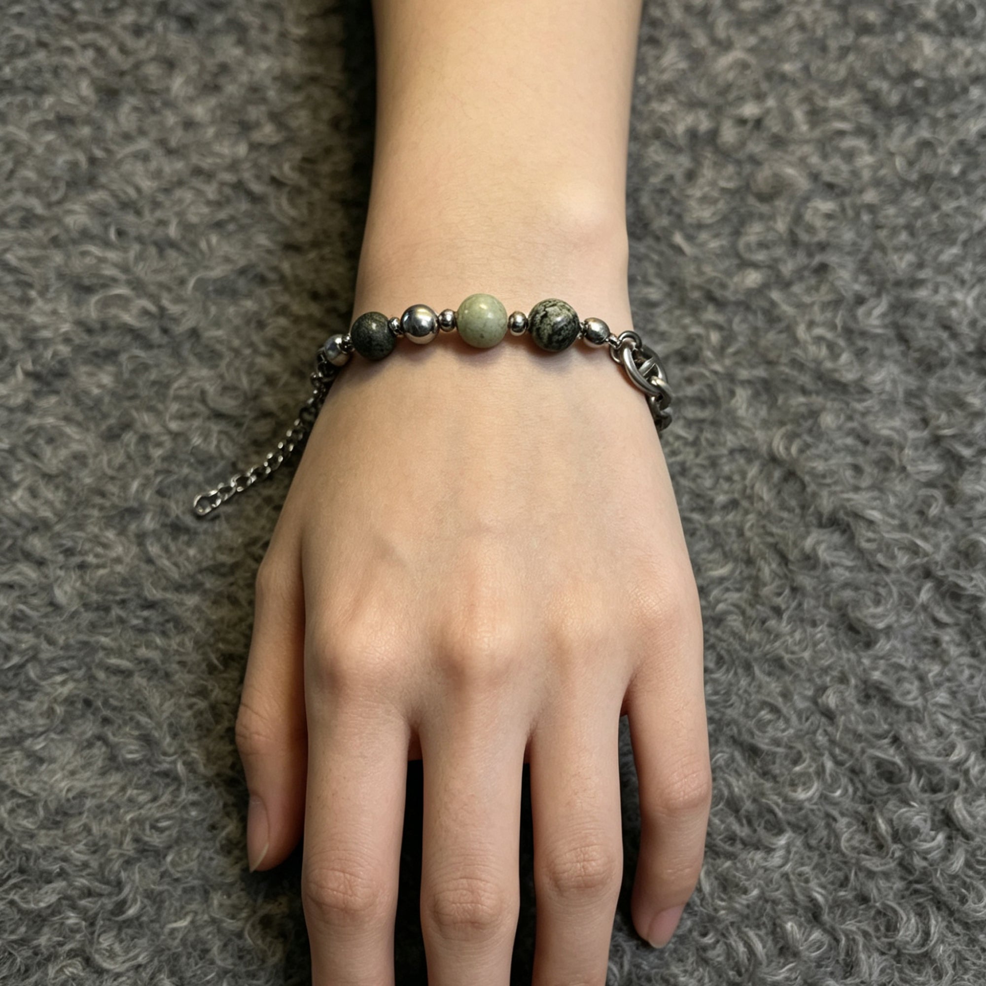 Green Natural Stone & Titanium Steel Mixed Material Bracelet